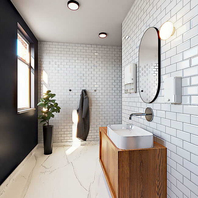 Rénovation des sanitaires d'une grande société en province de Liège, étude des espaces et des matériaux par images de synthèse