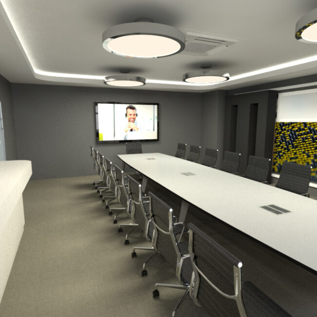Concept architectural salle de réunion entreprise Liège – modélisation 3D photoréaliste paillasse laboratoire