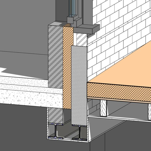 Vue 3D du noeud constructif créé par l'ouverture de la façade et le raccord de l'extension à celle-ci. Conception, permis, mission PEB et suivi de chantier, Régis Lessent Architecte à Villers-le-Bouillet