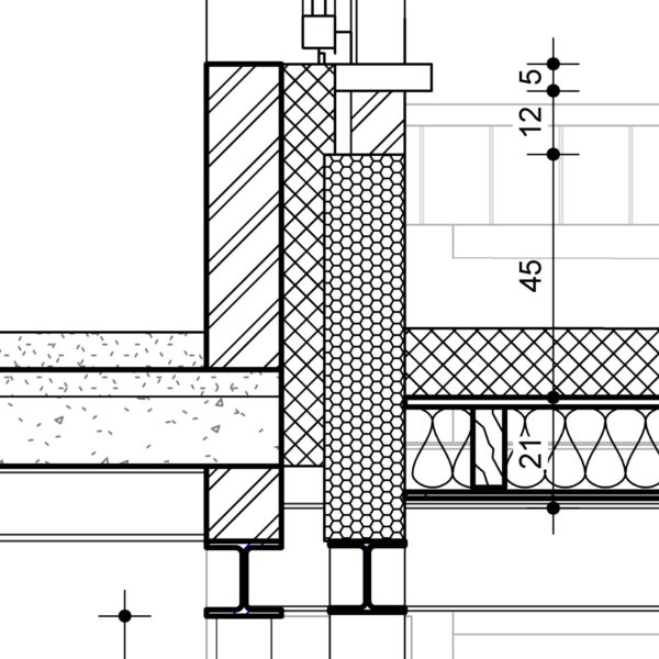 Détail de la solution structurelle pour l'ouverture de la façade et détail de la coupure thermique du raccord de la toiture de l'extension à la façade existante. Conception, permis, mission PEB et suivi de chantier par Régis Lessent Architecte à Villers-le-Bouillet