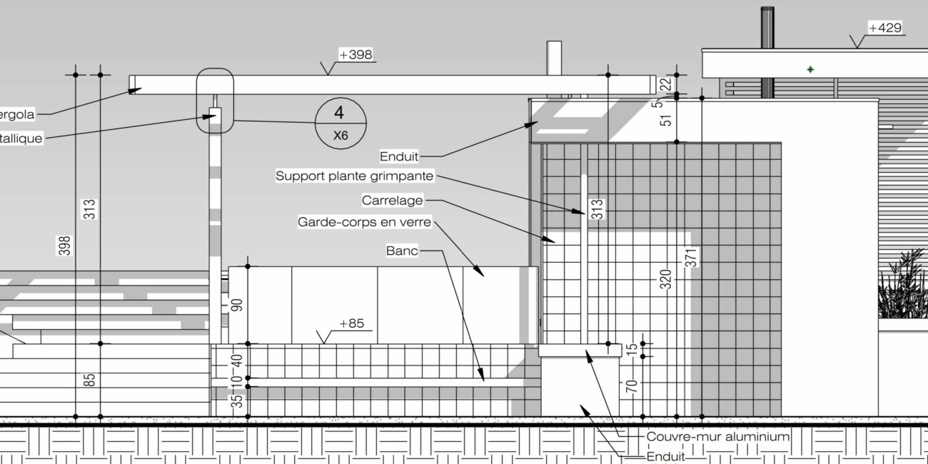 Elévation d'un pool house contemporain en ossature bois. Vue depuis la piscine. Conception Régis Lessent Architecte à Villers-le-Bouillet