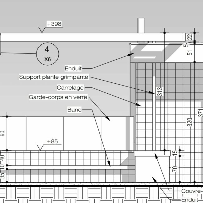 Elévation d'un pool house contemporain en ossature bois. Vue depuis la piscine. Conception Régis Lessent Architecte à Villers-le-Bouillet
