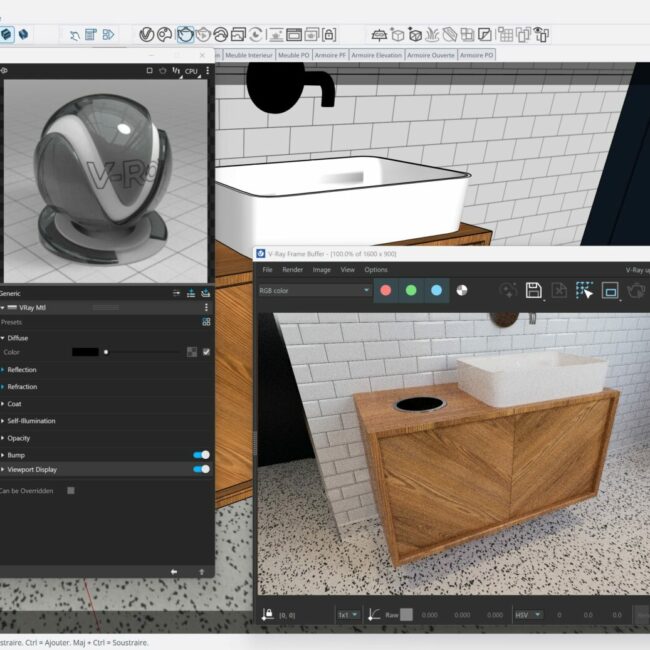 Interface V-Ray dans SketchUp avec Asset Editor et rendu en cours