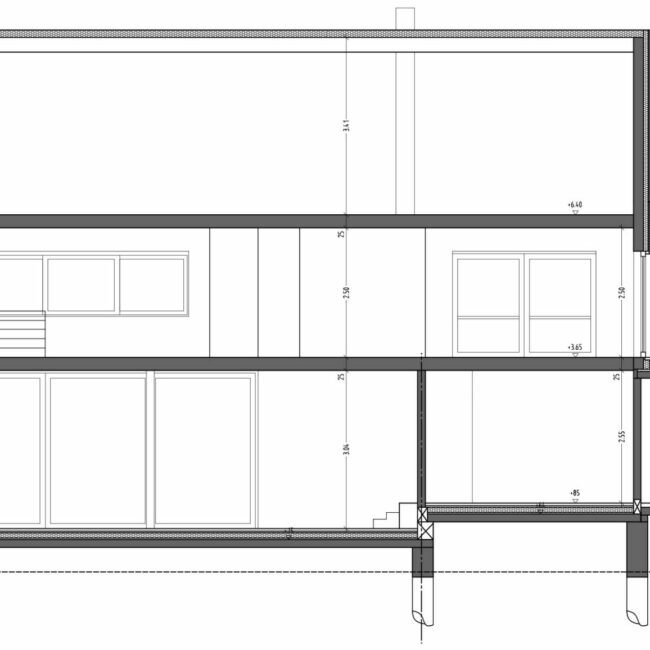 coupe en long d'un projet de maison à Ramillies en Brabant wallon dont les fondations sont posées sur pieux