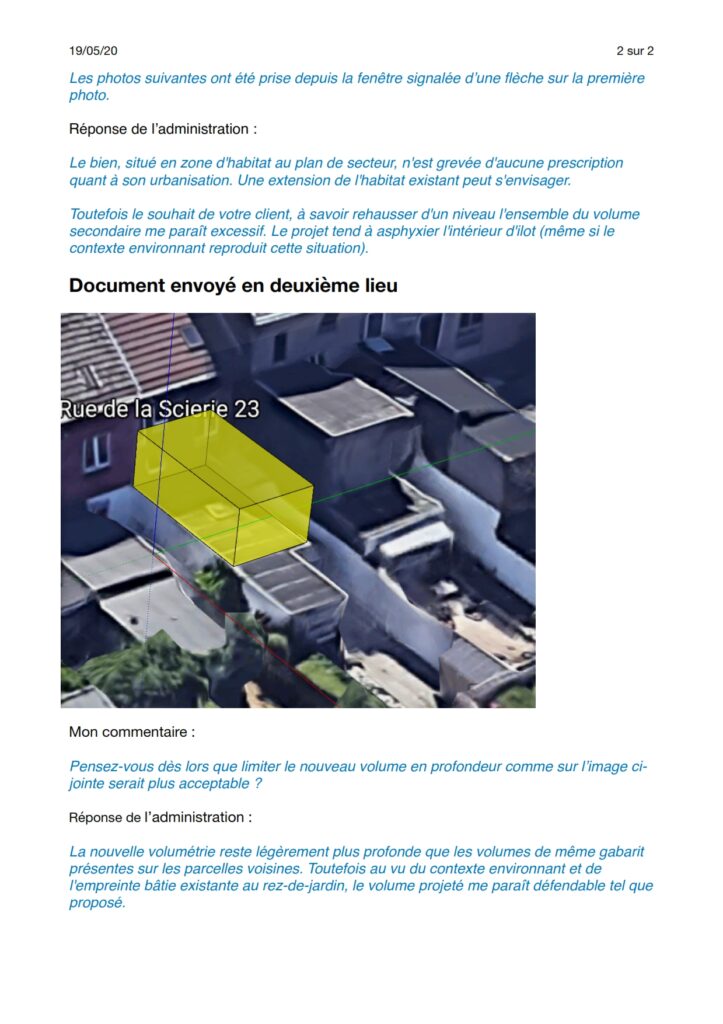 échanges entre l'urbanisme et l'architecte au sujet d'une transformation de bâtiment à huy